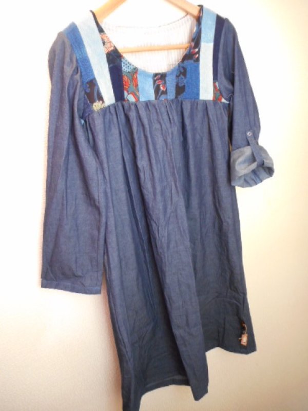 画像12: 草木染め パッチワーク デニムワンピース マキシ丈  ( 藍染 インディゴ 雪ん子 ) (12)
