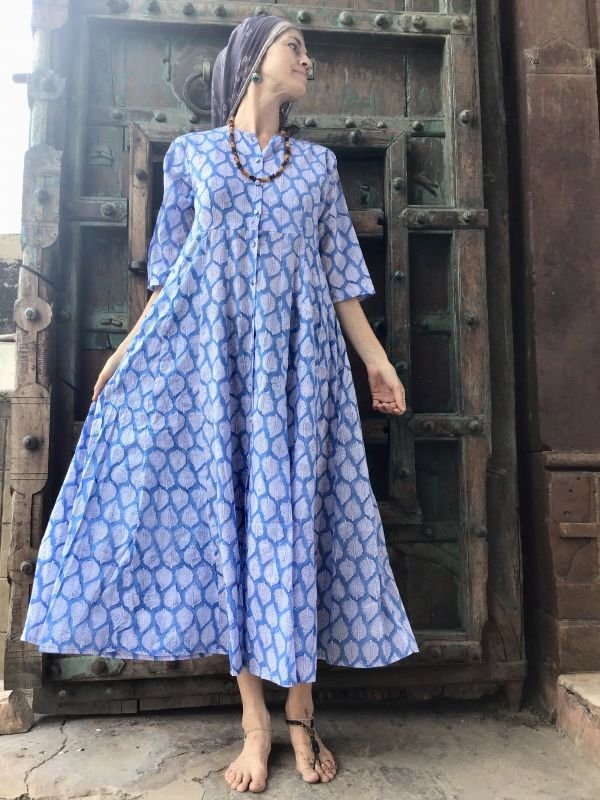 ブロックプリント ワンピース マキシ丈 brockprint dress ボタニカル