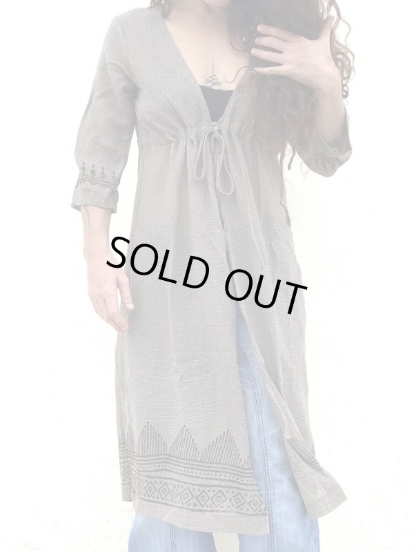 ざっくりコットン ブークラ ロングカーディガン ブロックプリント 