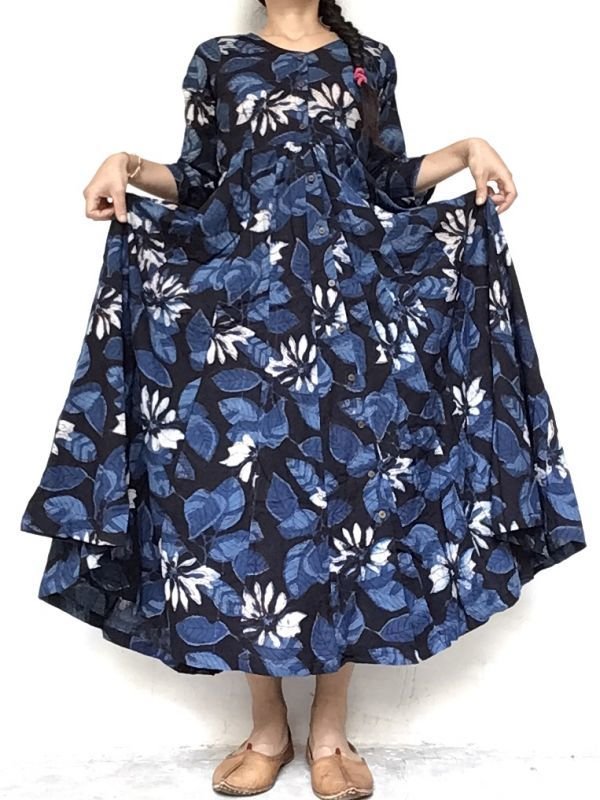 画像5: ブロックプリント ボタニカル ワンピース マキシ丈  ⭐︎ dabu 藍染 インディゴ バグルー 草木染 (5)