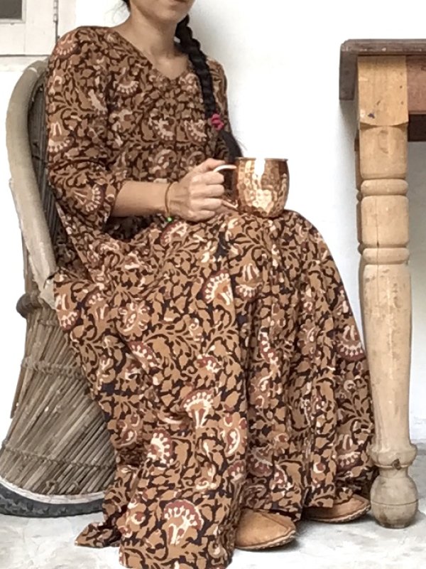 ブロックプリント ワンピース マキシ丈 ドレスワンピ 木版プリント 