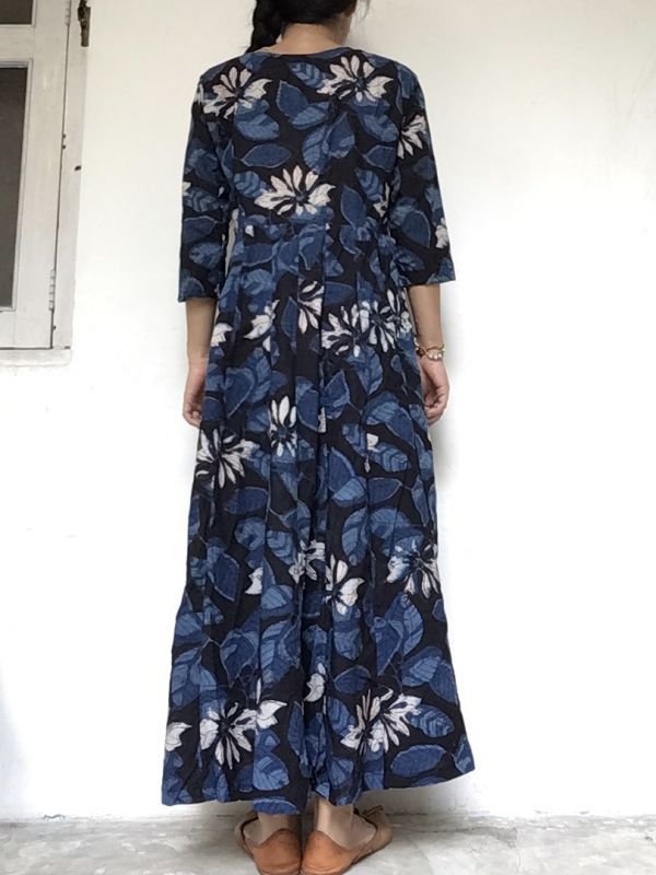 画像8: ブロックプリント ボタニカル ワンピース マキシ丈  ⭐︎ dabu 藍染 インディゴ バグルー 草木染 (8)