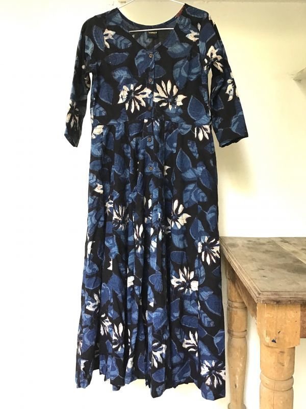 NEW ブロックプリント ワンピース マキシ丈  dabu 藍染 インディゴ バグルー