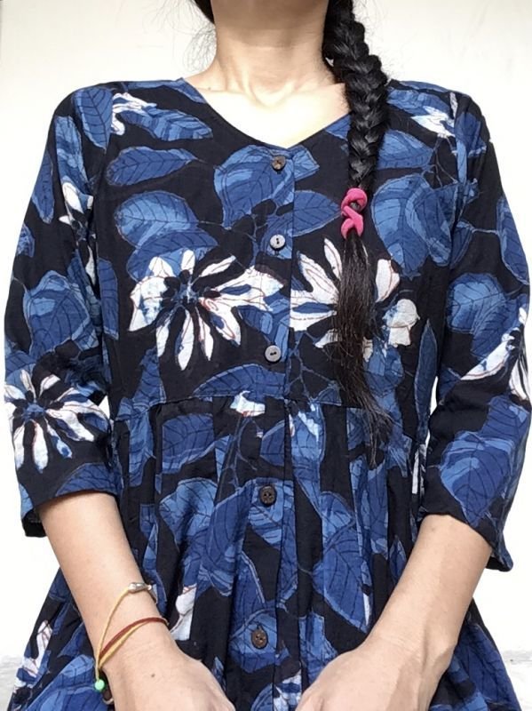 画像10: ブロックプリント ボタニカル ワンピース マキシ丈  ⭐︎ dabu 藍染 インディゴ バグルー 草木染 (10)