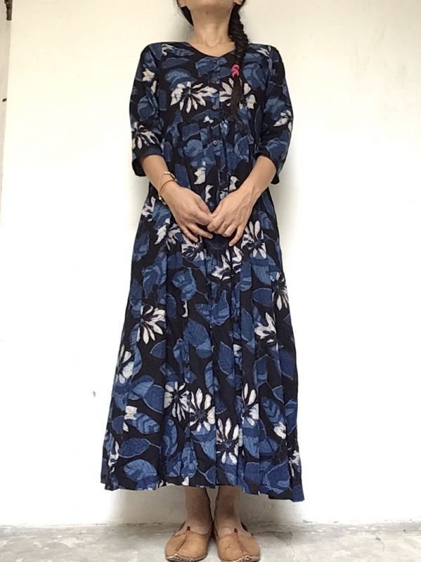 画像4: ブロックプリント ボタニカル ワンピース マキシ丈  ⭐︎ dabu 藍染 インディゴ バグルー 草木染 (4)