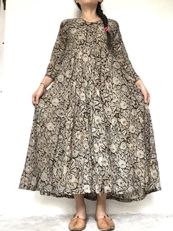 ブロックプリント ワンピース マキシ丈 ドレスワンピ 木版プリント 