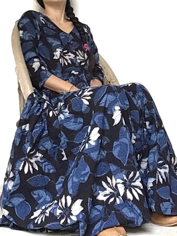 NEW ブロックプリント ワンピース マキシ丈  dabu 藍染 インディゴ バグルー