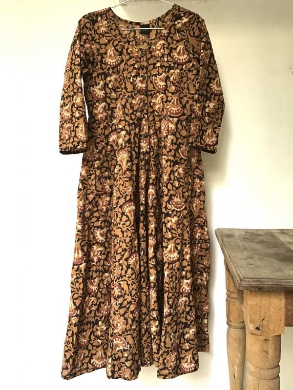 ブロックプリント ワンピース マキシ丈 ドレスワンピ 木版プリント 