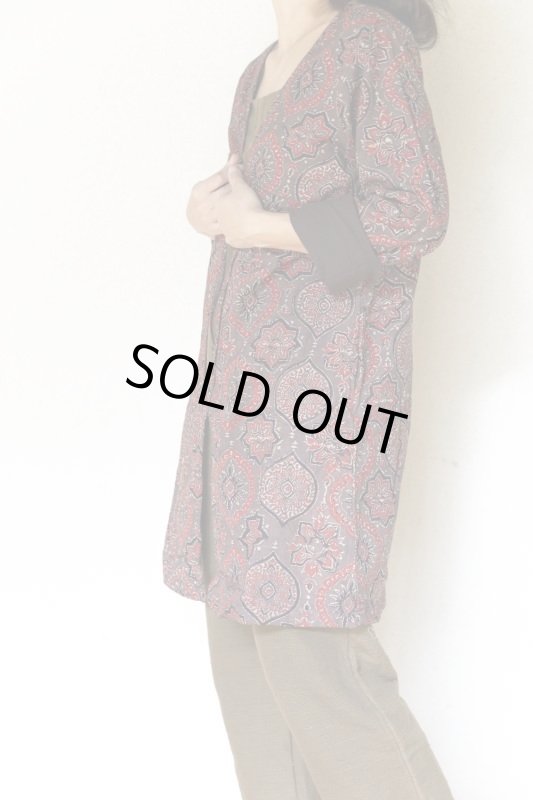 画像1: アジュラク ワーク カーディガン　ブロックプリントx綿麻　SM サイズ  作業用カーデ (1)