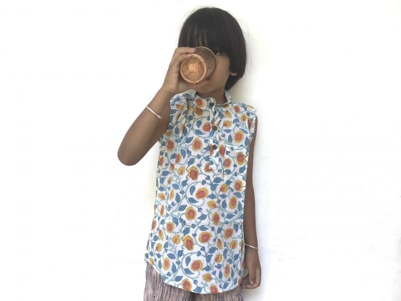 画像1: キッズ ブロックプリント シャツ 130cmサイズ 6テキスタイル