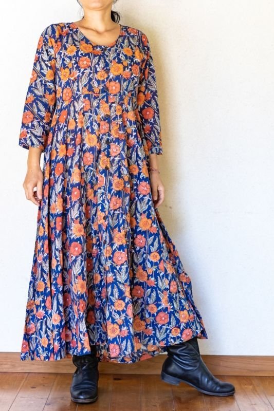 ブロックプリントマキシワンピース F