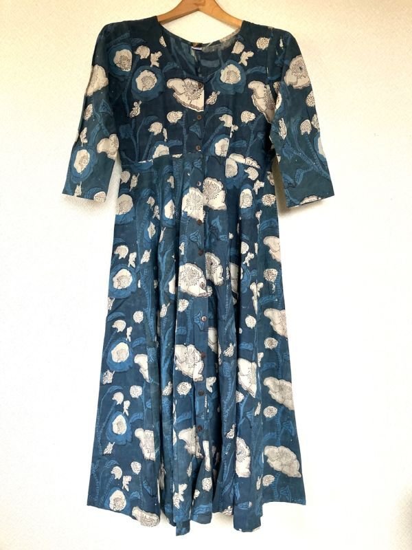 インディゴ染 ブロックプリント マキシワンピース G 