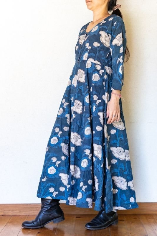 インディゴ染 ブロックプリント マキシワンピース G 