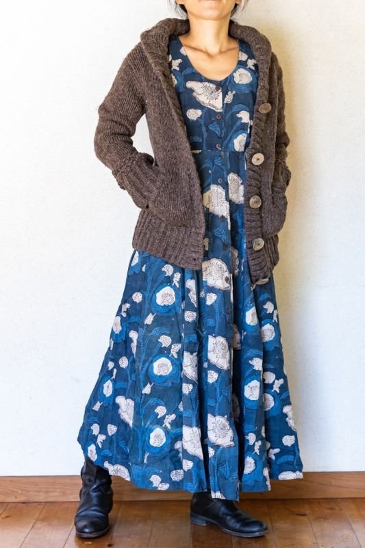 インディゴ染 ブロックプリント マキシワンピース G 