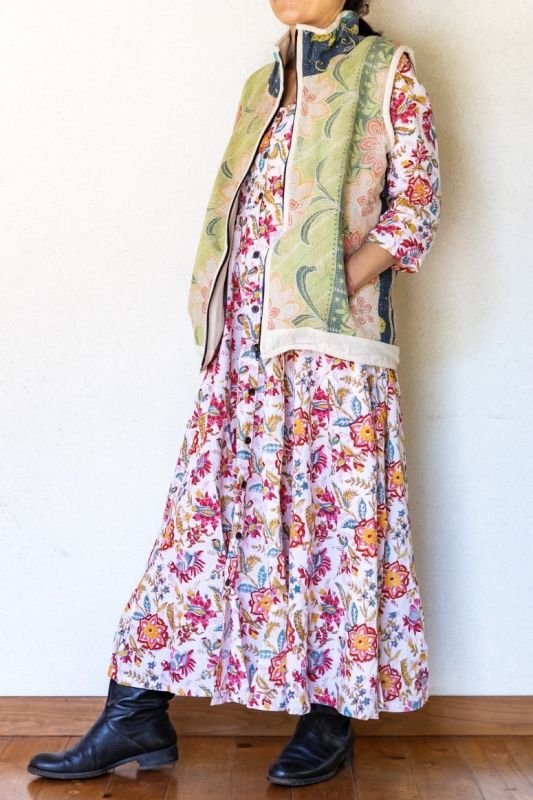 ブロックプリント マキシ丈ワンピース D 