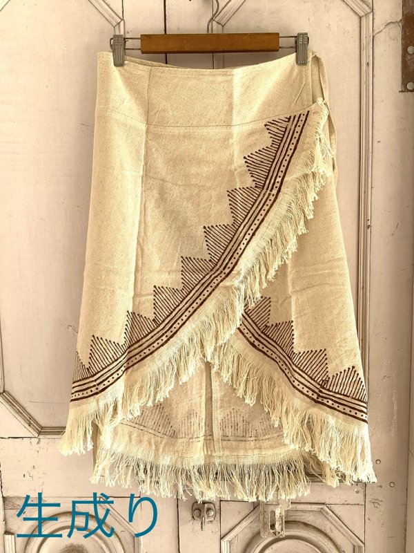 トライバルブロックプリント ラップスカート⭐︎生成り