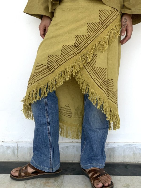 木版ハンドプリント フリンジ巻きスカート⭐︎マスタード