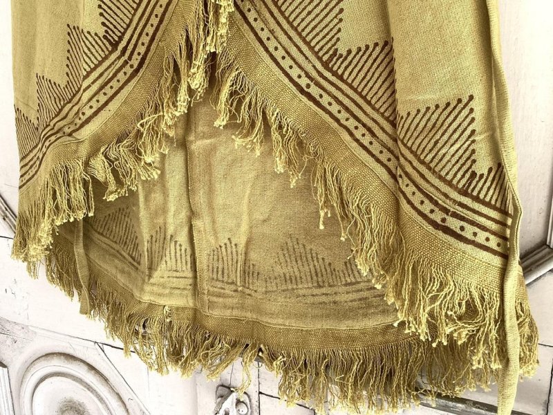 木版ハンドプリント フリンジ巻きスカート⭐︎マスタード