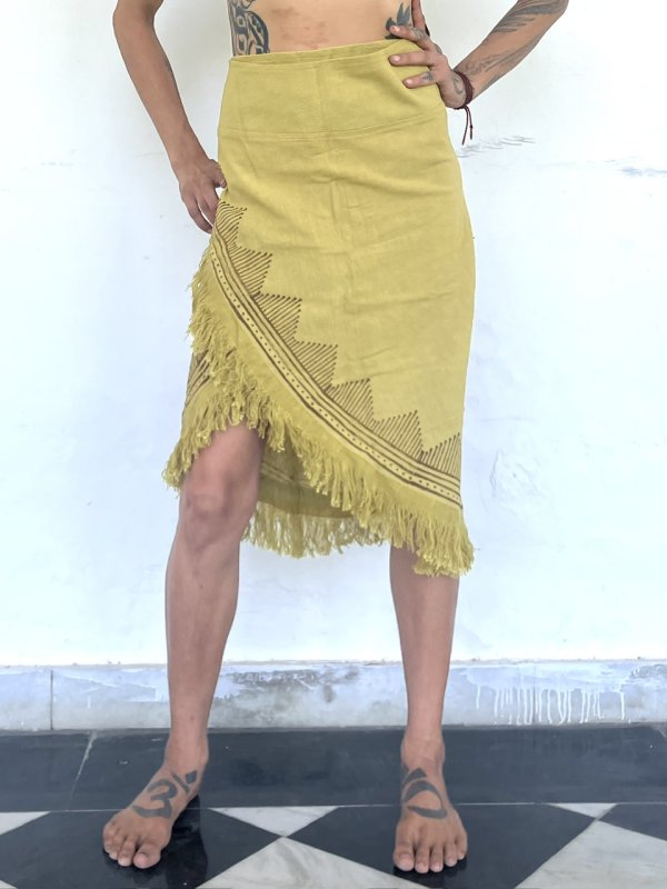 木版ハンドプリント フリンジ巻きスカート⭐︎マスタード