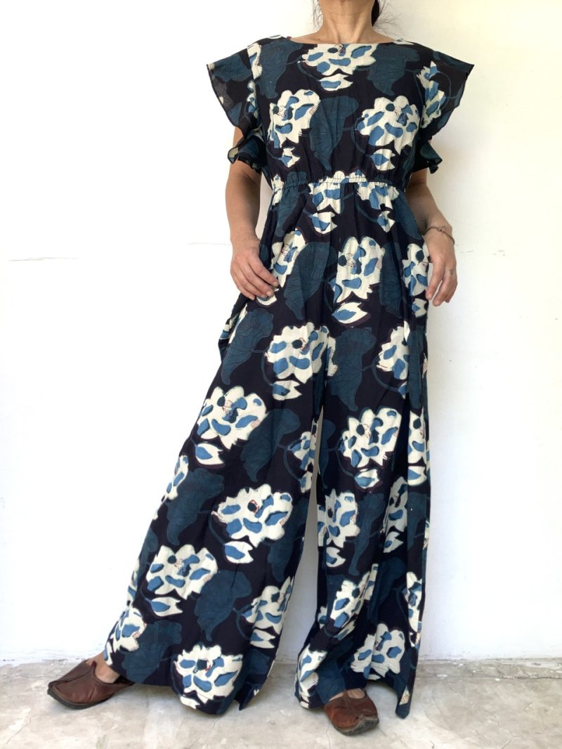 画像1: 定番 ブロックプリントマキシ丈ボタンダウンワンピース ★ハンドプリント 木版プリント インド綿 ボタニカル