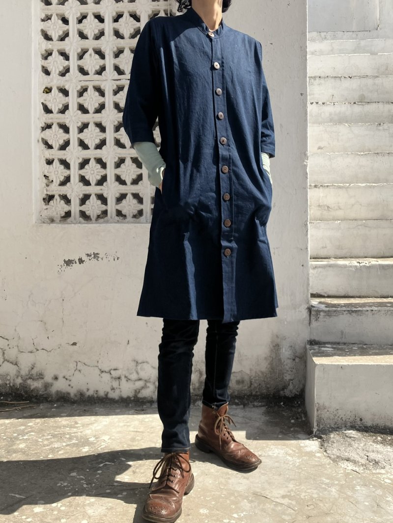 画像1: NEW 藍染コーデュロイ ワンピース★クルタワンピ 7部袖 インディゴ染