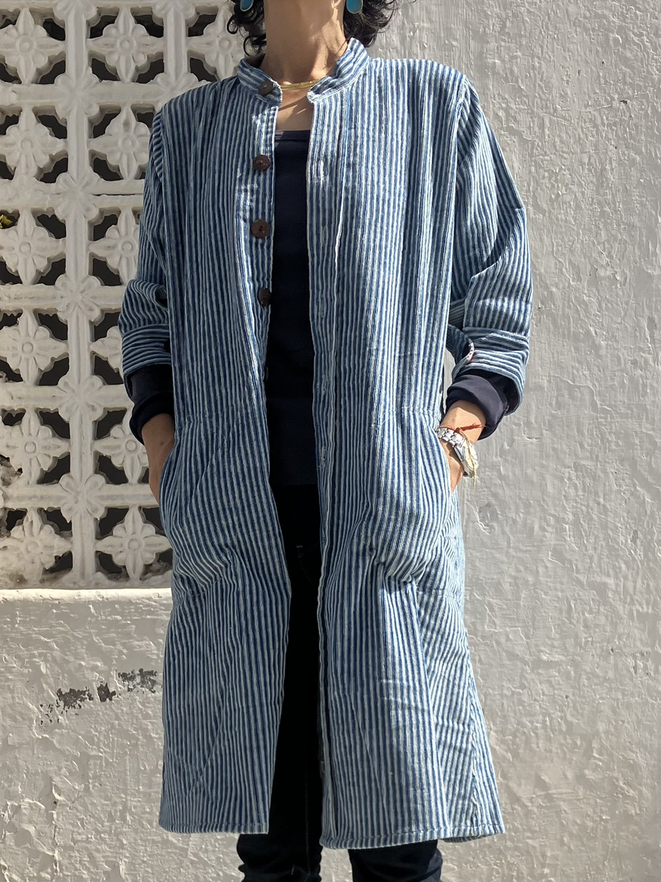 NEW 藍染コーデュロイ ワンピース★クルタワンピ 7部袖 インディゴ染