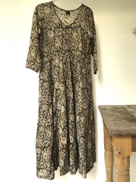 ブロックプリント ワンピース マキシ丈 ドレスワンピ 木版プリント 